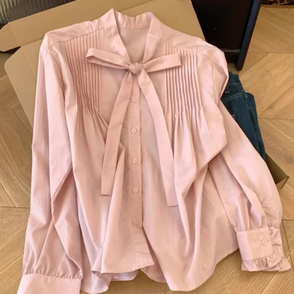Pink Pleated Bow Tie Blouse - Picture 1 of 5